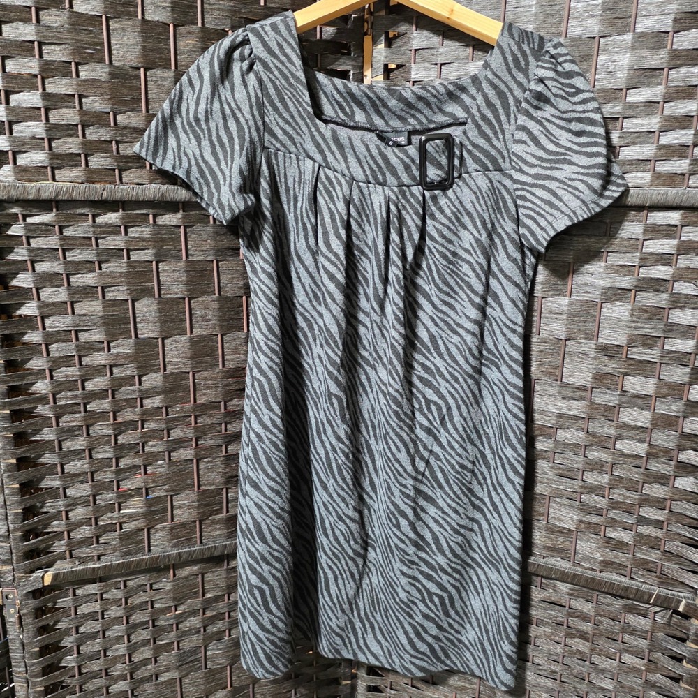 En Focus Studio Grey Black Zebra Print Buckle Square Neck Dress Size 8 Y2K Style